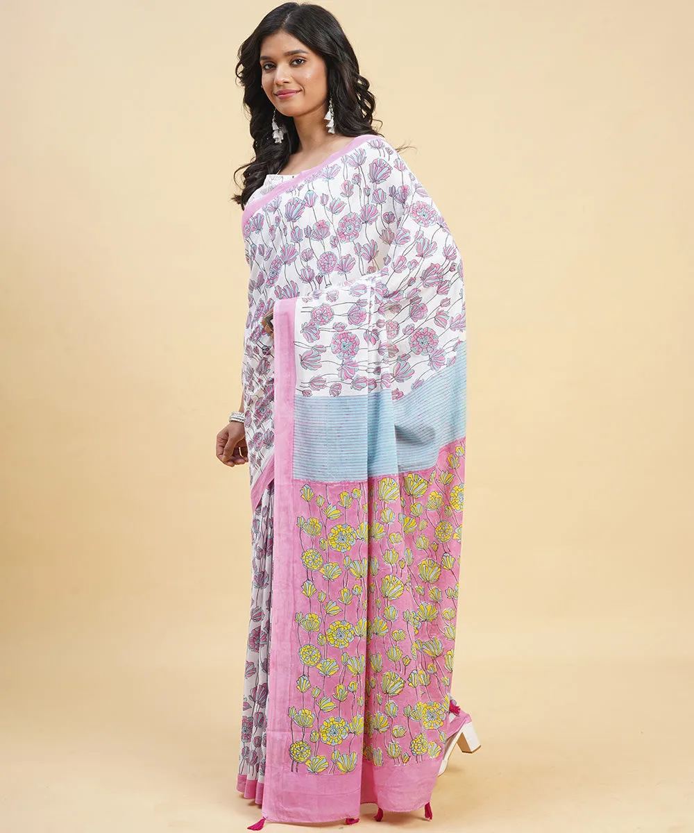 Pink sky blue hand block cotton sanganeri printed saree