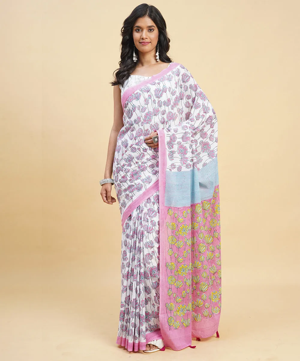 Pink sky blue hand block cotton sanganeri printed saree