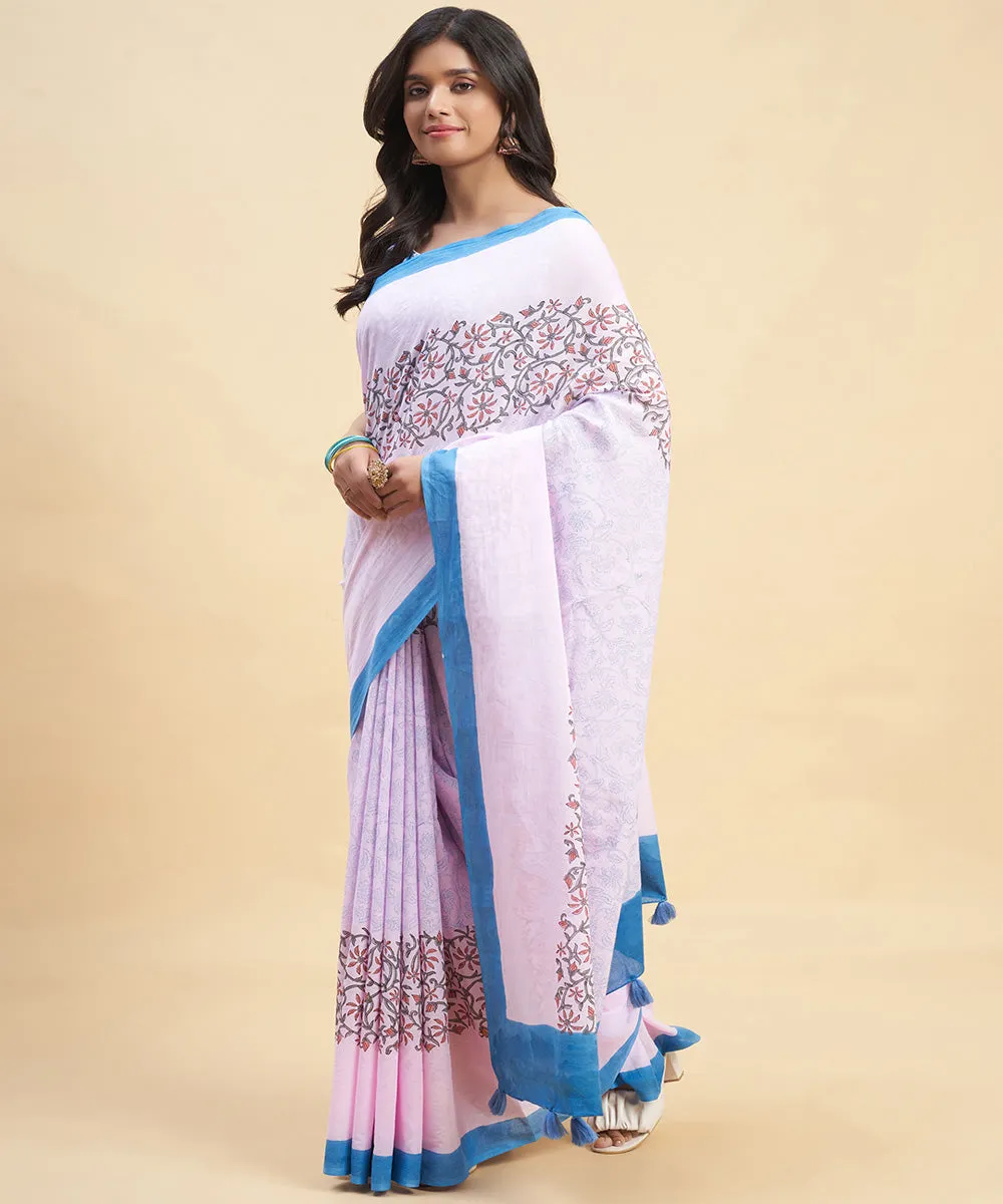 Pink sky blue hand block sanganeri printed cotton saree