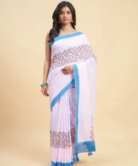 Pink sky blue hand block sanganeri printed cotton saree