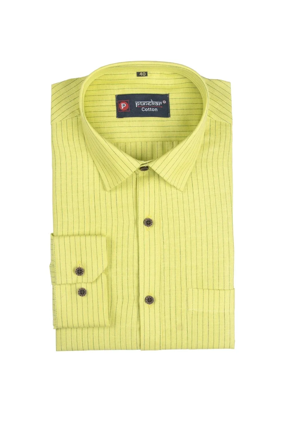 Punekar Cotton Light Yellow  Color Lining Criss Cross Woven Cotton Shirt for Men's.