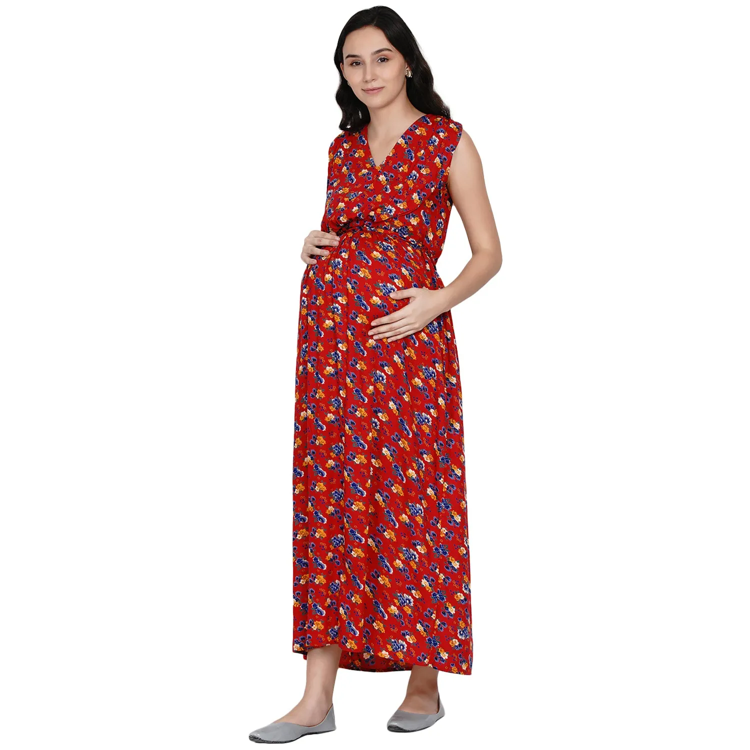 Red Floral Print Maternity Maxi Dress