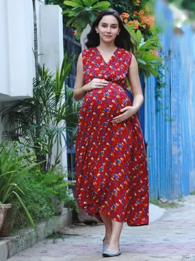 Red Floral Print Maternity Maxi Dress