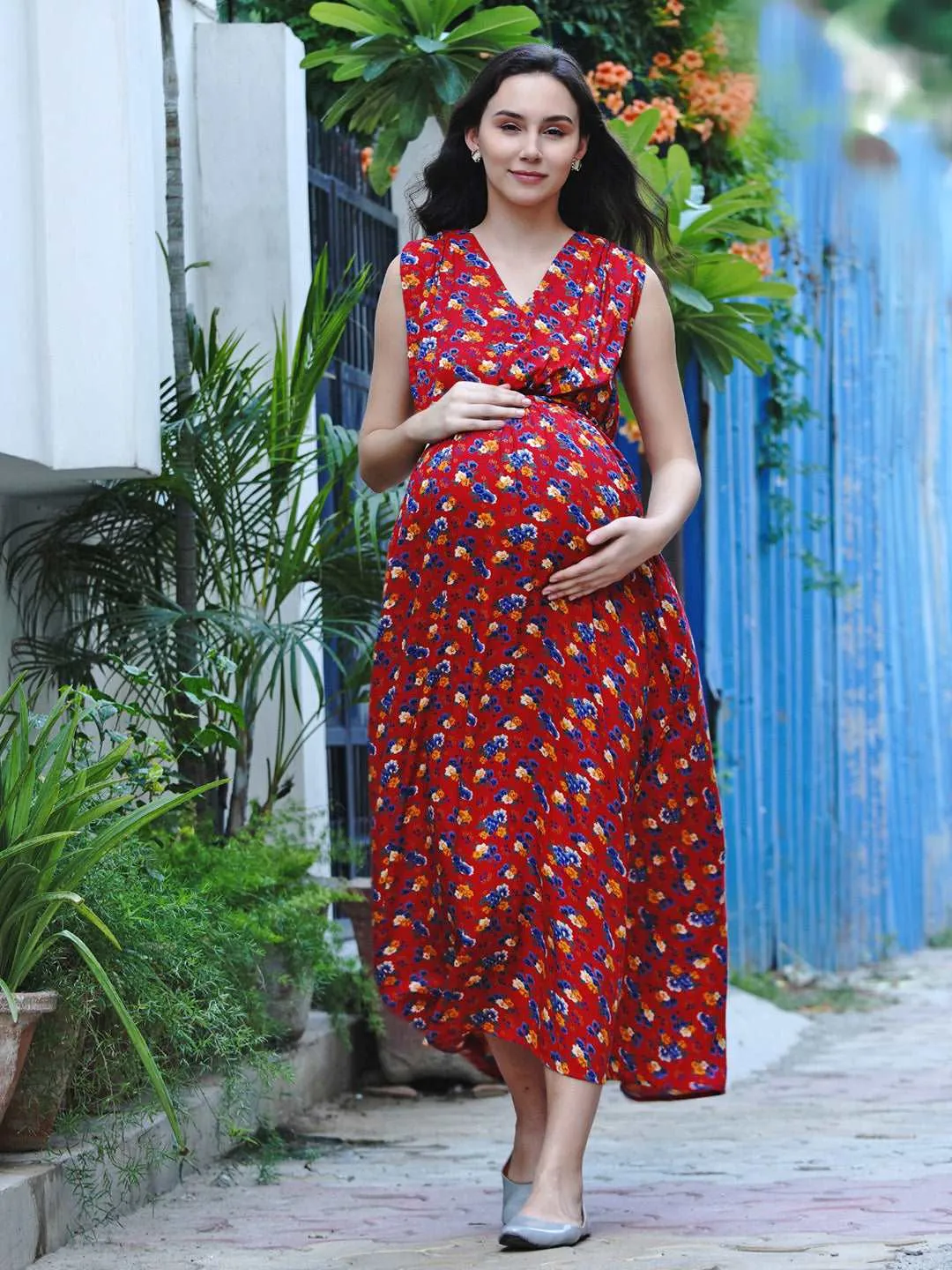 Red Floral Print Maternity Maxi Dress