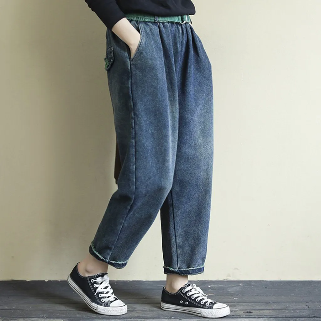 Retro Loose Casual Belt Washed Velvet Jeans