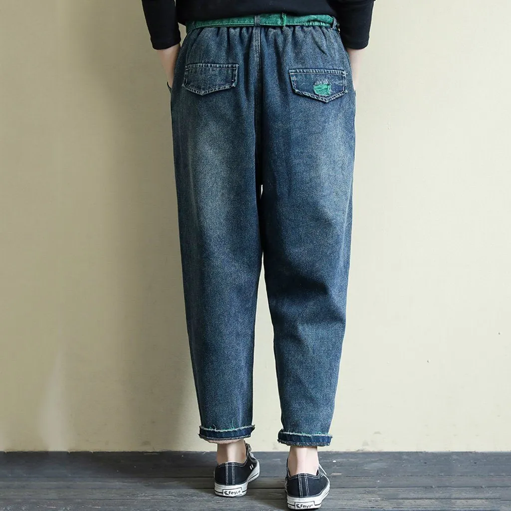 Retro Loose Casual Belt Washed Velvet Jeans