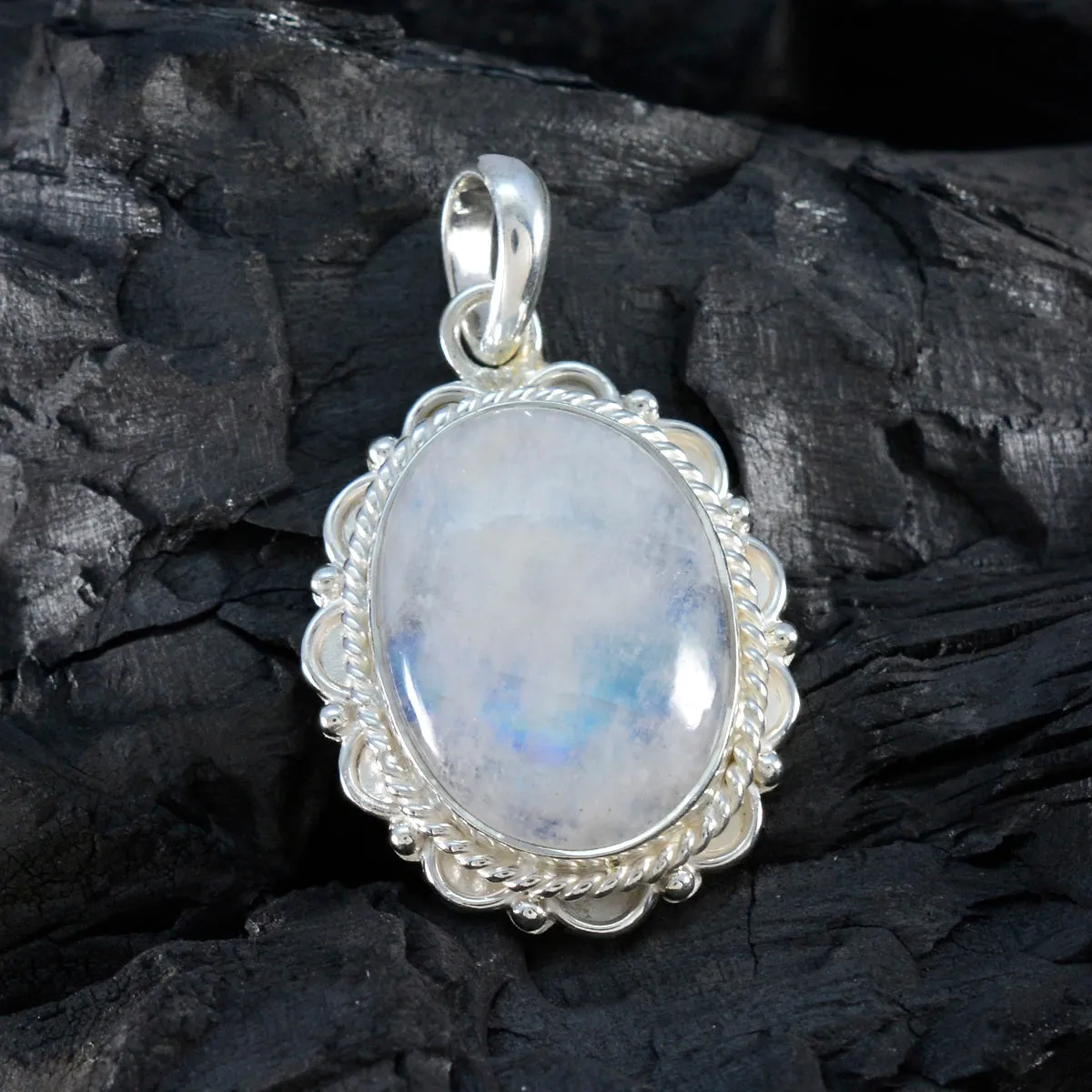 Riyo Beddable Gemstone Oval Cabochon White Rainbow Moonstone 1204 Sterling Silver Pendant Gift For Girlfriend