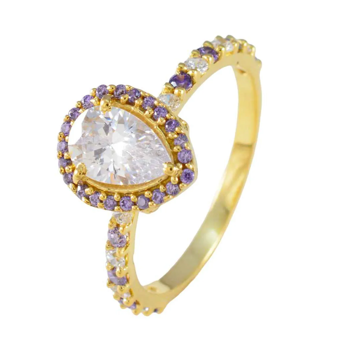 Riyo Bulk Silver Ring With Yellow Gold Plating Amethyst Stone Pear Shape Prong Setting Bridal Jewelry Easter Ring