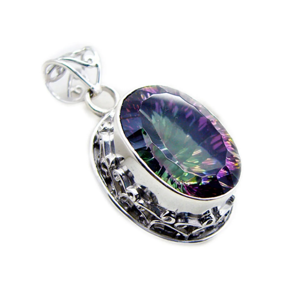 Riyo Delightful Gems Oval Faceted Multi Color Mystic Quartz Solid Silver Pendant Gift For Wedding