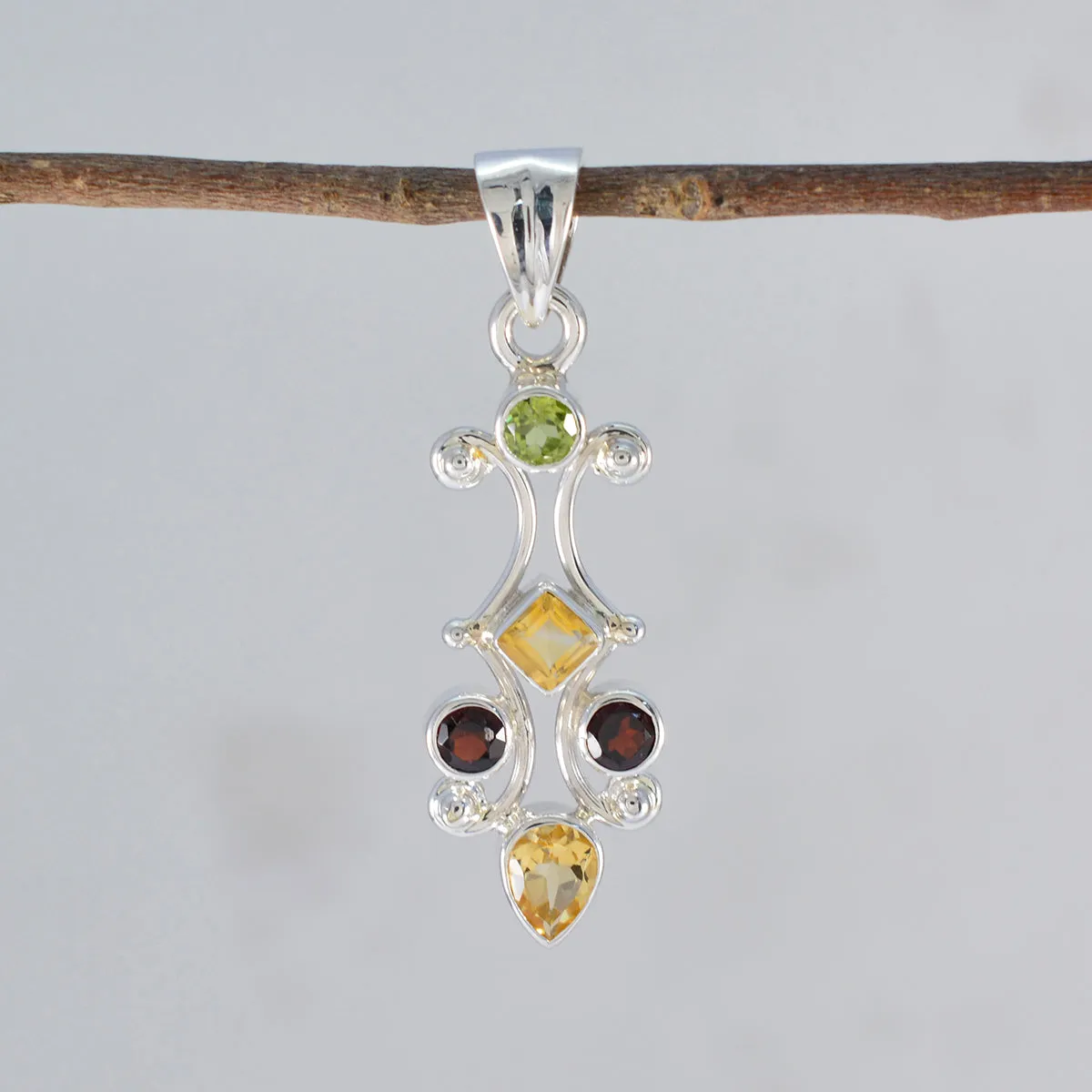 Riyo Drop Gemstone Multi Faceted Multi Color Multi Stone Sterling Silver Pendant Gift For Handmade