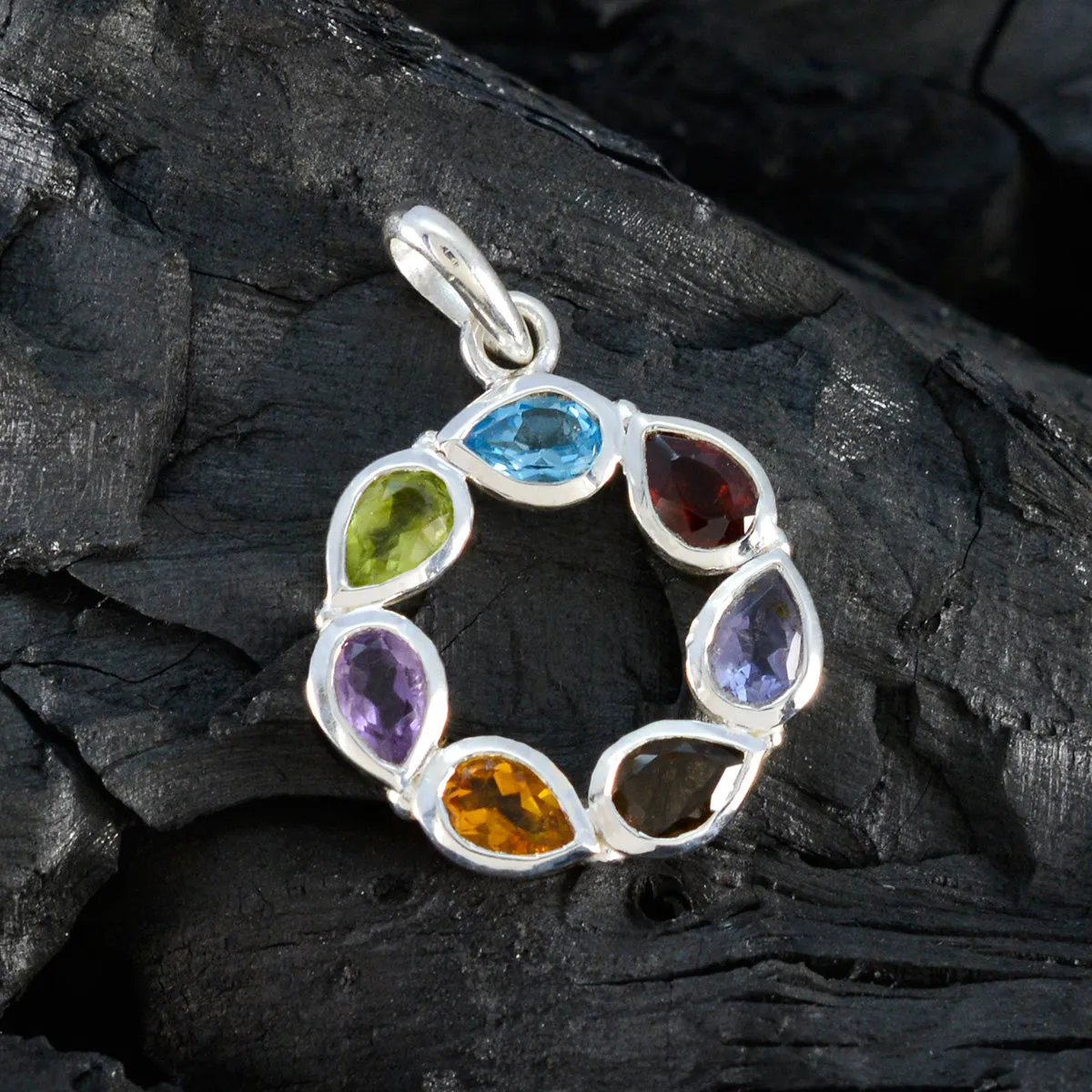 Riyo Fit Gems Pear Faceted Multi Color Multi Stone Solid Silver Pendant Gift For Wedding