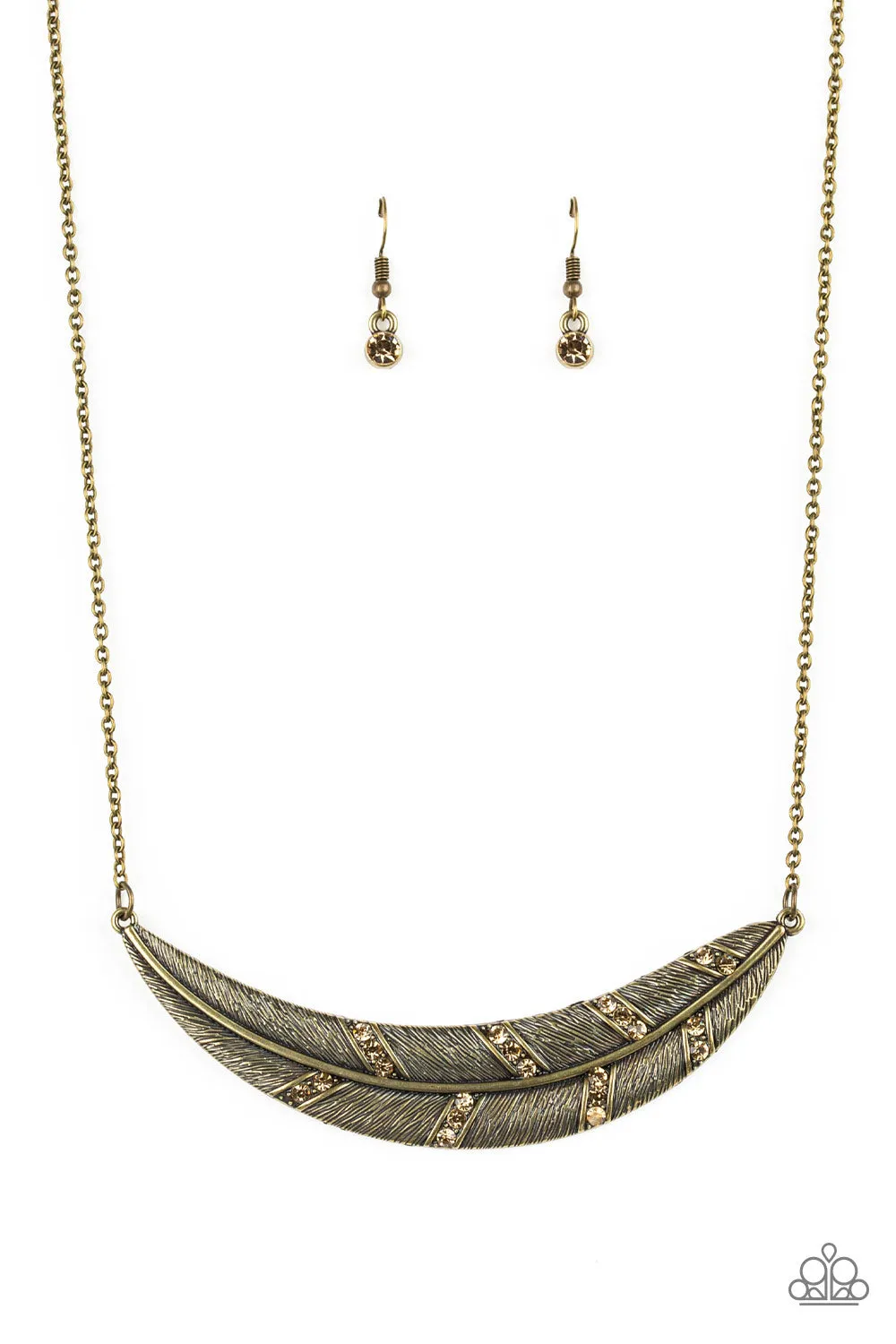 Say You Quill - Brass Feather And Topaz Rhinestones Paparazzi Jewelry Necklace