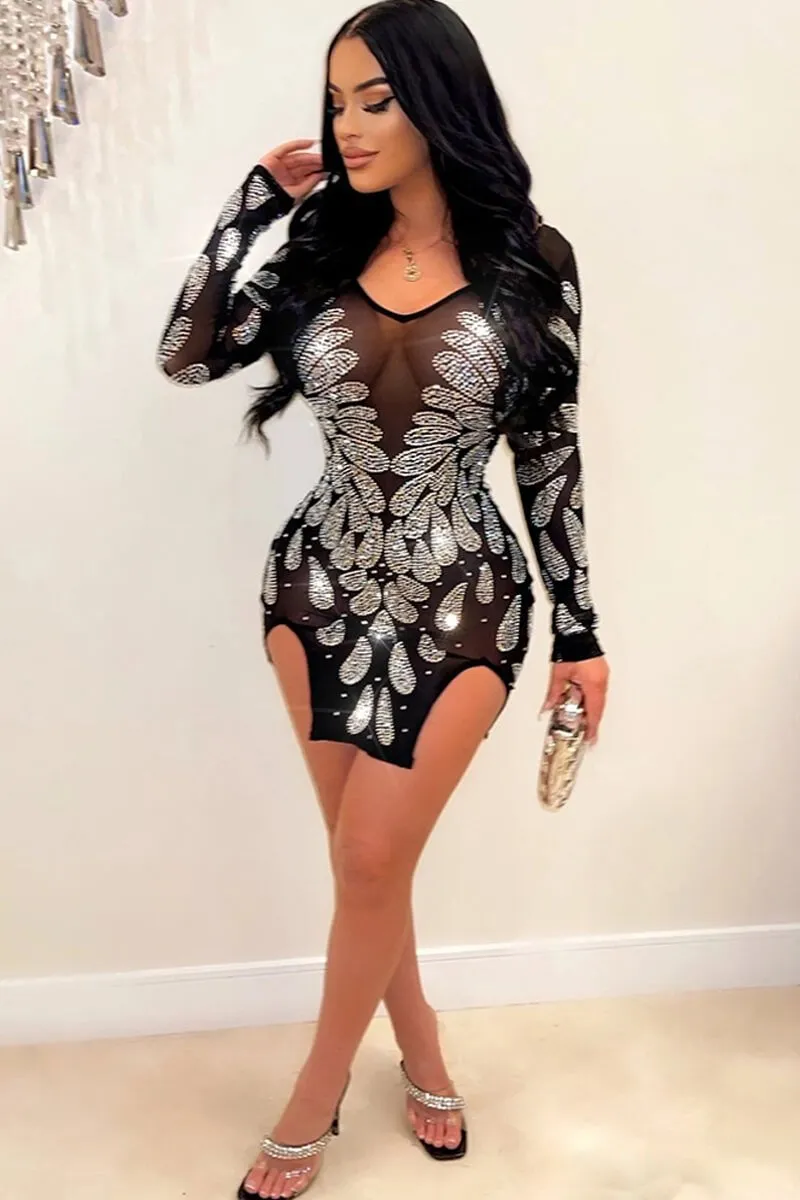 See Through Mesh Irregular Slit Mini Dress With Rhinestone