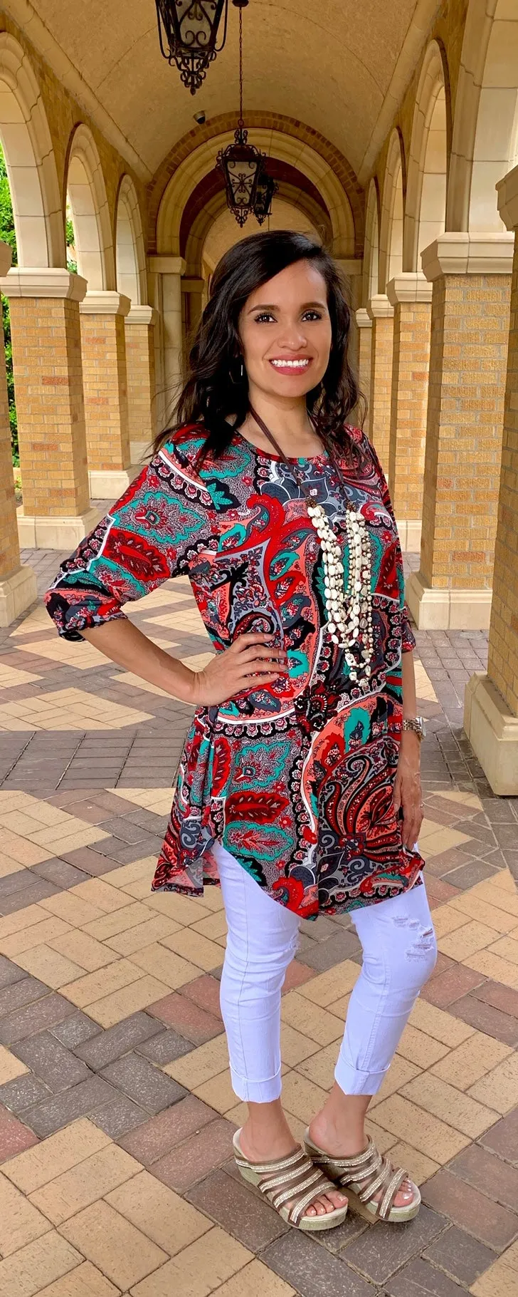 SMALL : Red, Grey, Mint Paisley Scoop Tunic