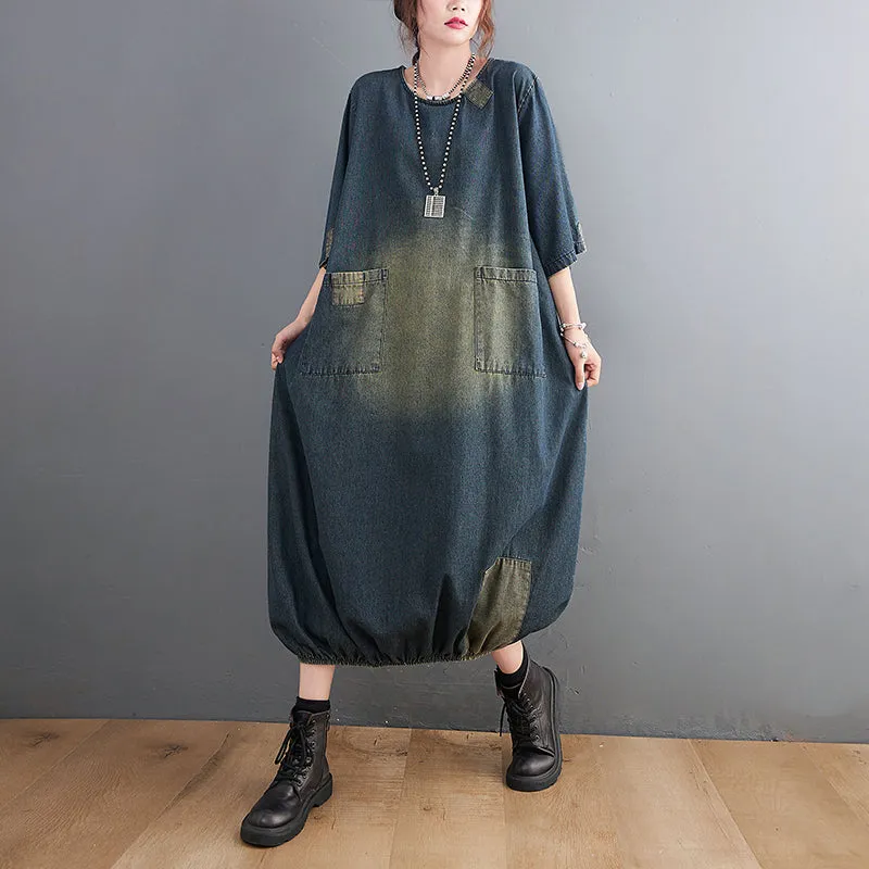 Spring Summer Women Loose Cotton Denim Dress