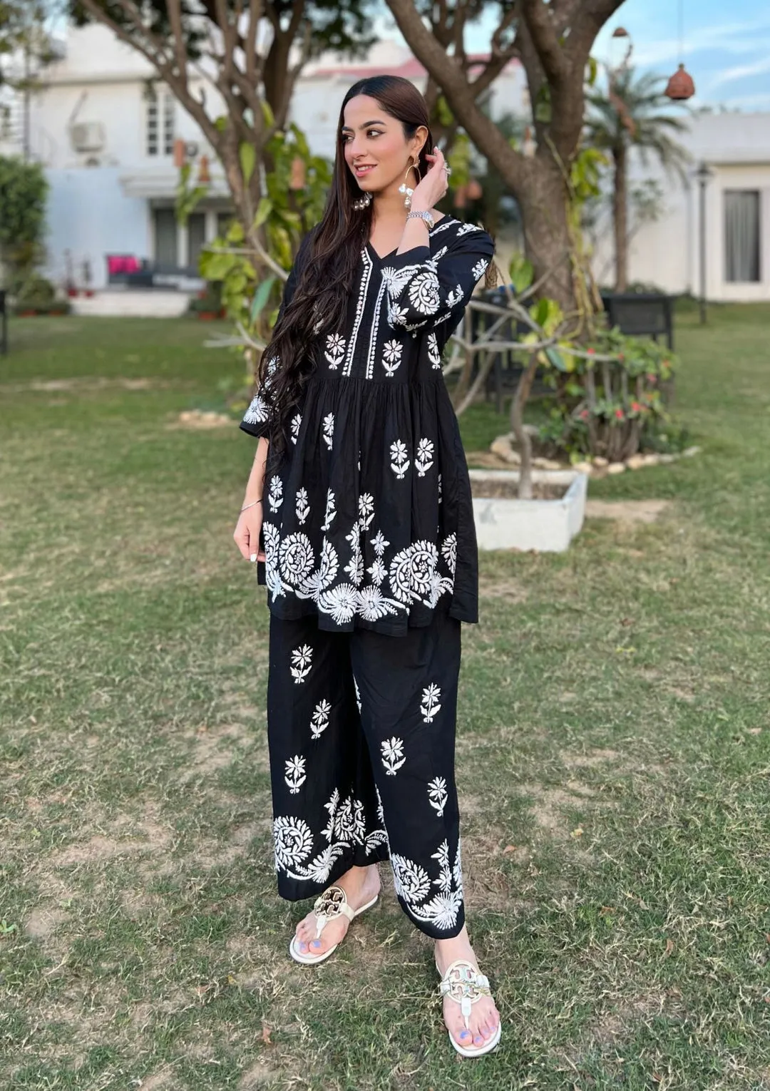 Surkh Flared Chikankari Co-ord Set