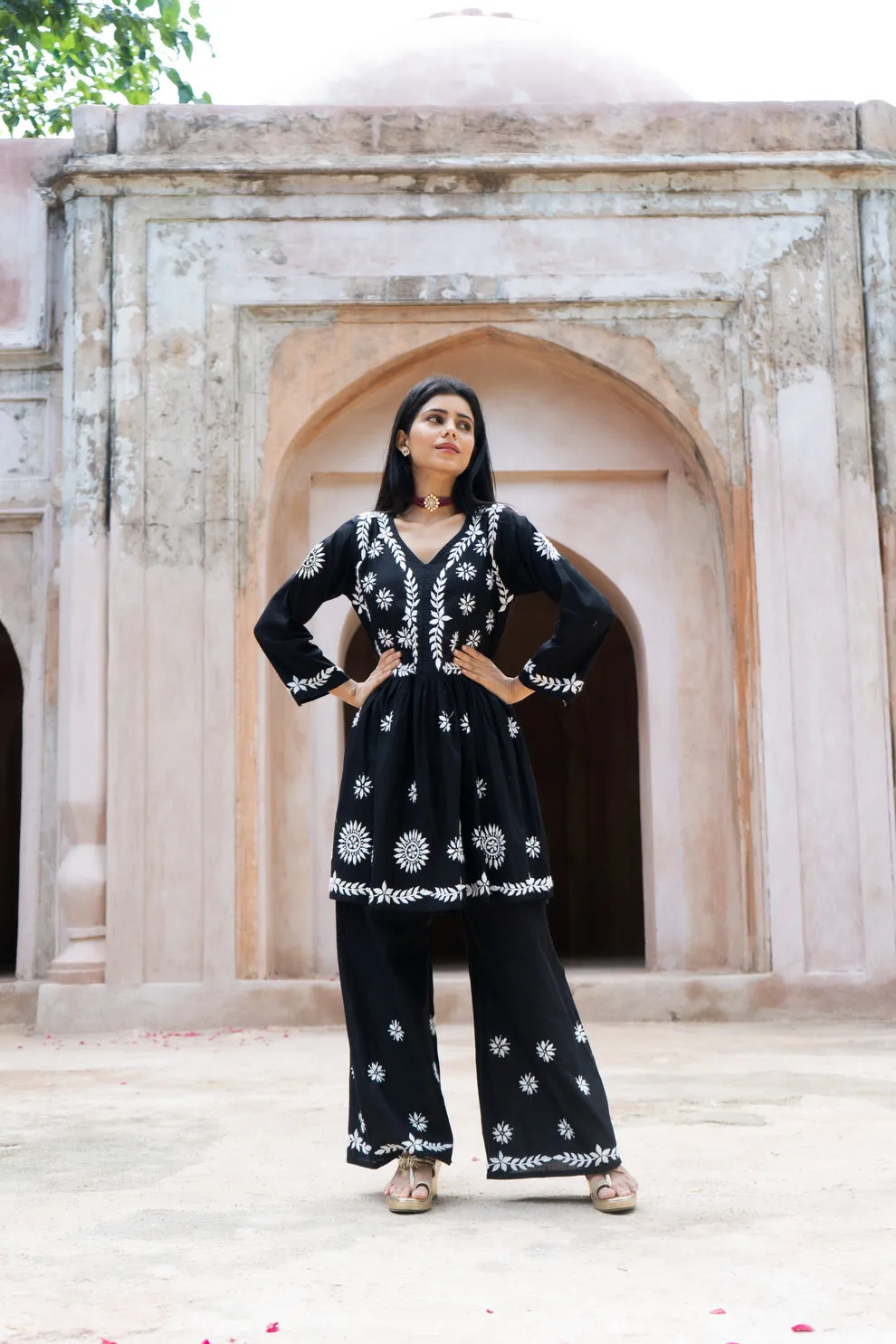 Surkh Flared Chikankari Co-ord Set