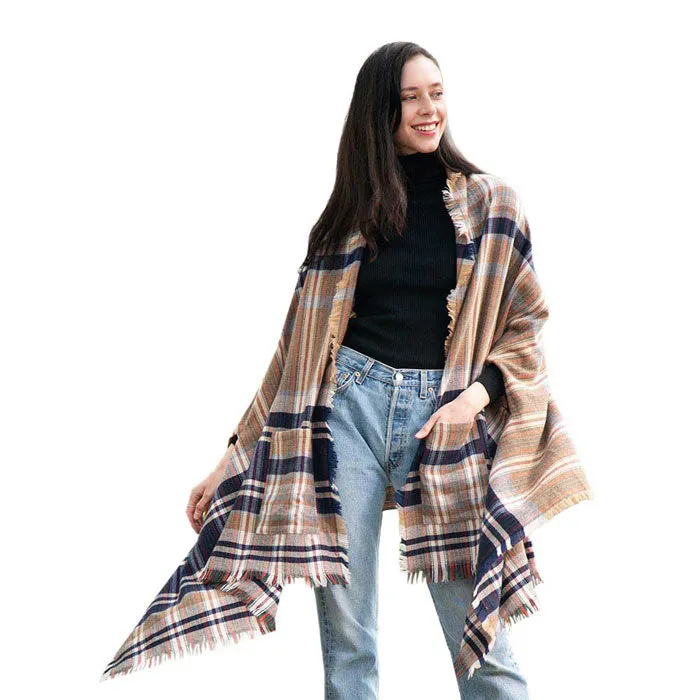 Tartan Check Front Pocket Poncho