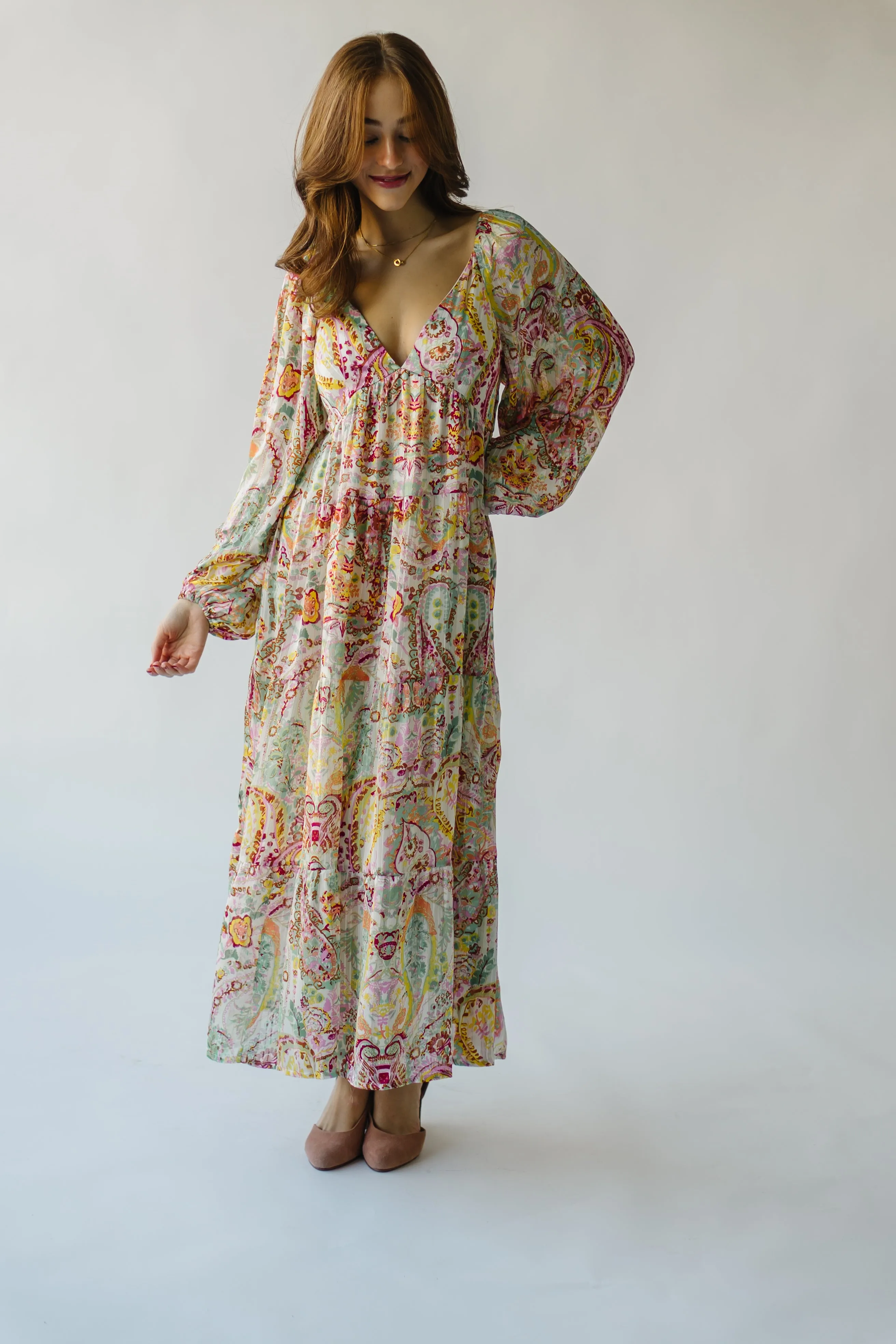 The Manville Paisley Tiered Maxi Dress in Lavender Multi