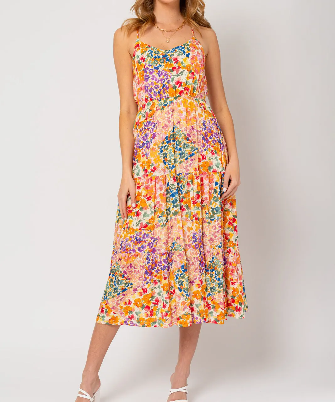 Tiered Floral Midi Dress - Ivory Multi