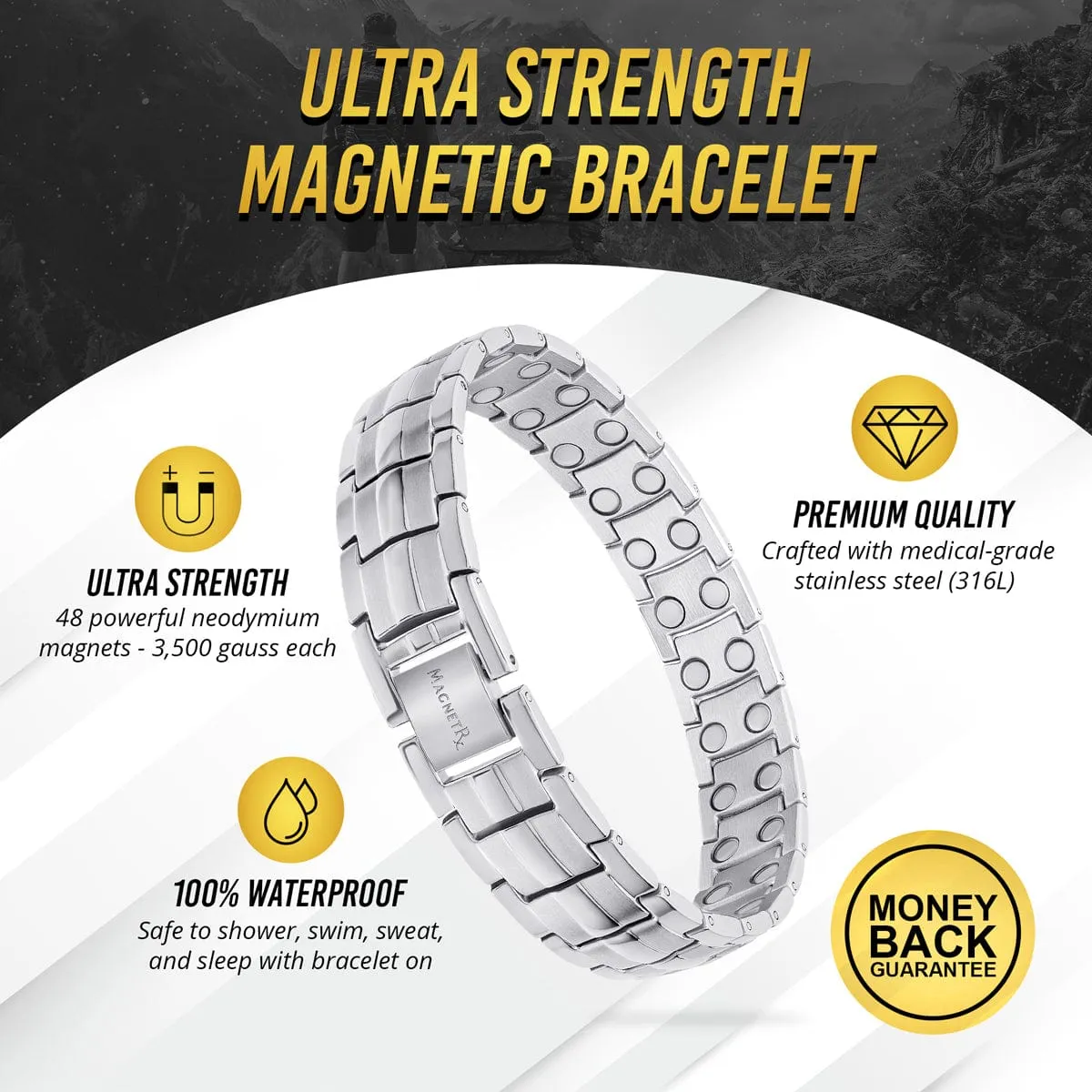 Ultra Strength Magnetic Therapy Bracelet Silver Classic