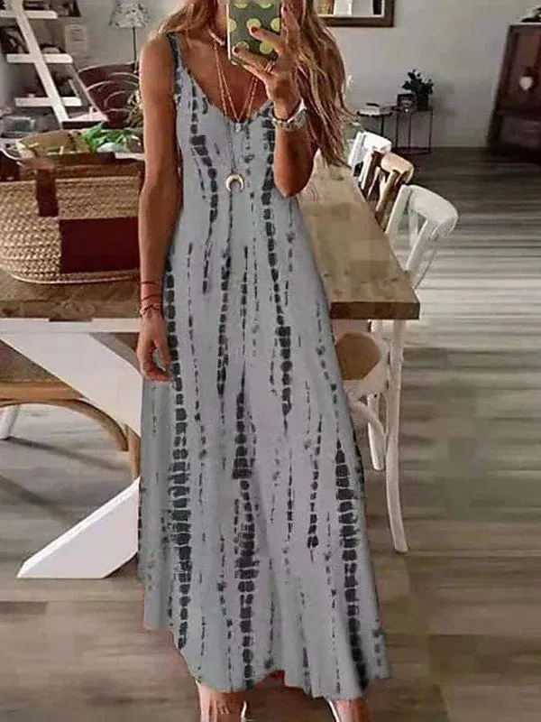 Versatile Women's A Line Maxi Dress with Spaghetti Straps and Elegant Print