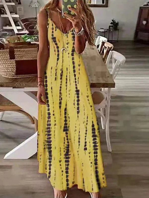 Versatile Women's A Line Maxi Dress with Spaghetti Straps and Elegant Print