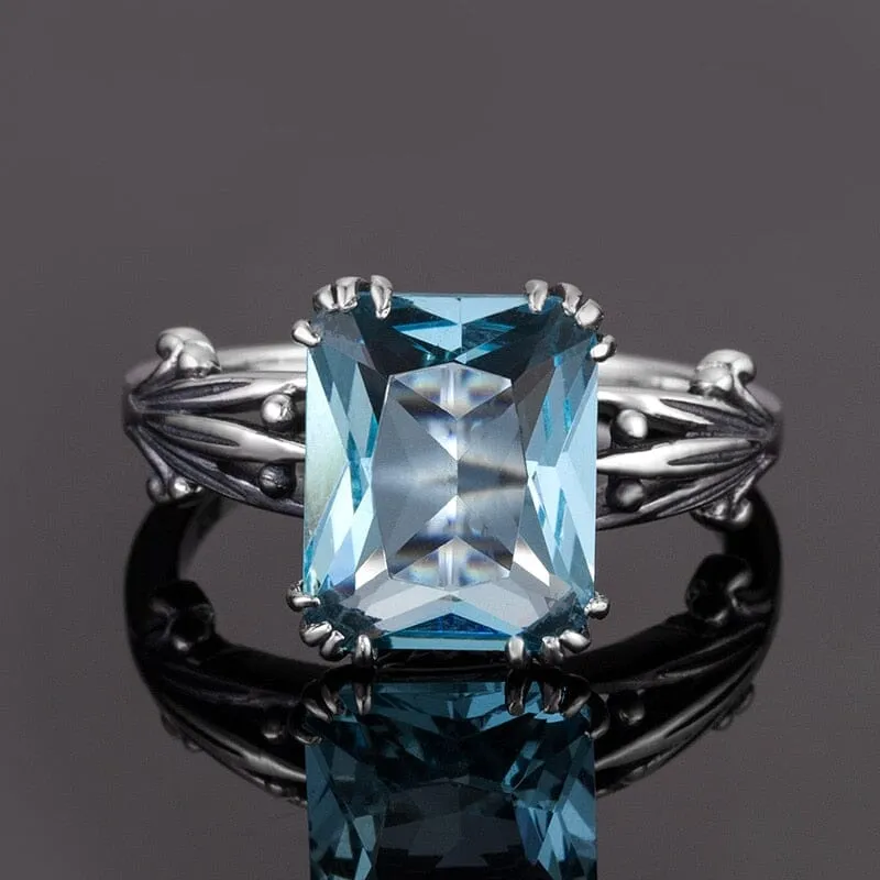 Vintage Square Aquamarine Ring - 925 Sterling Silver