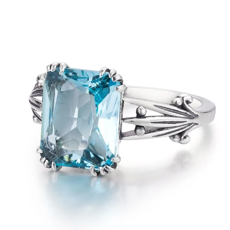 Vintage Square Aquamarine Ring - 925 Sterling Silver