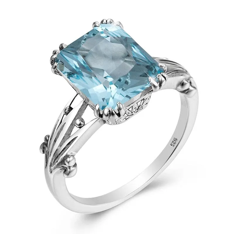 Vintage Square Aquamarine Ring - 925 Sterling Silver