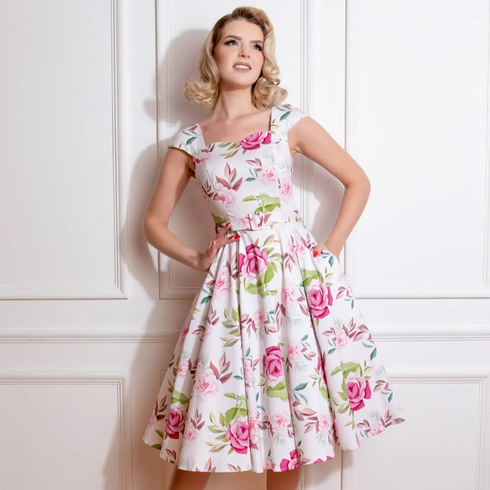 White & Pink Floral Cap Sleeve 50s Swing Dress