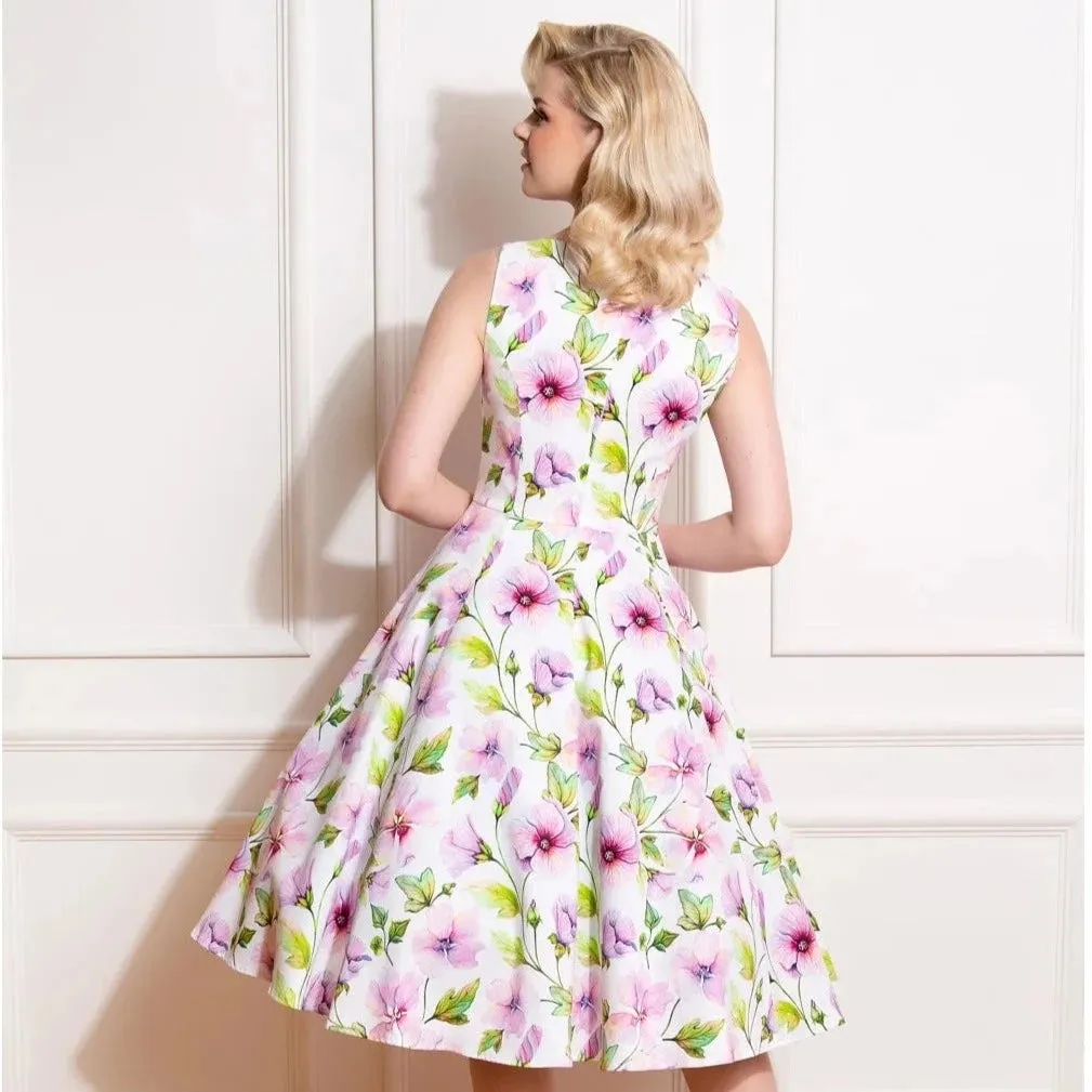 White & Spring Floral Print Audrey Style 50s Swing Dress