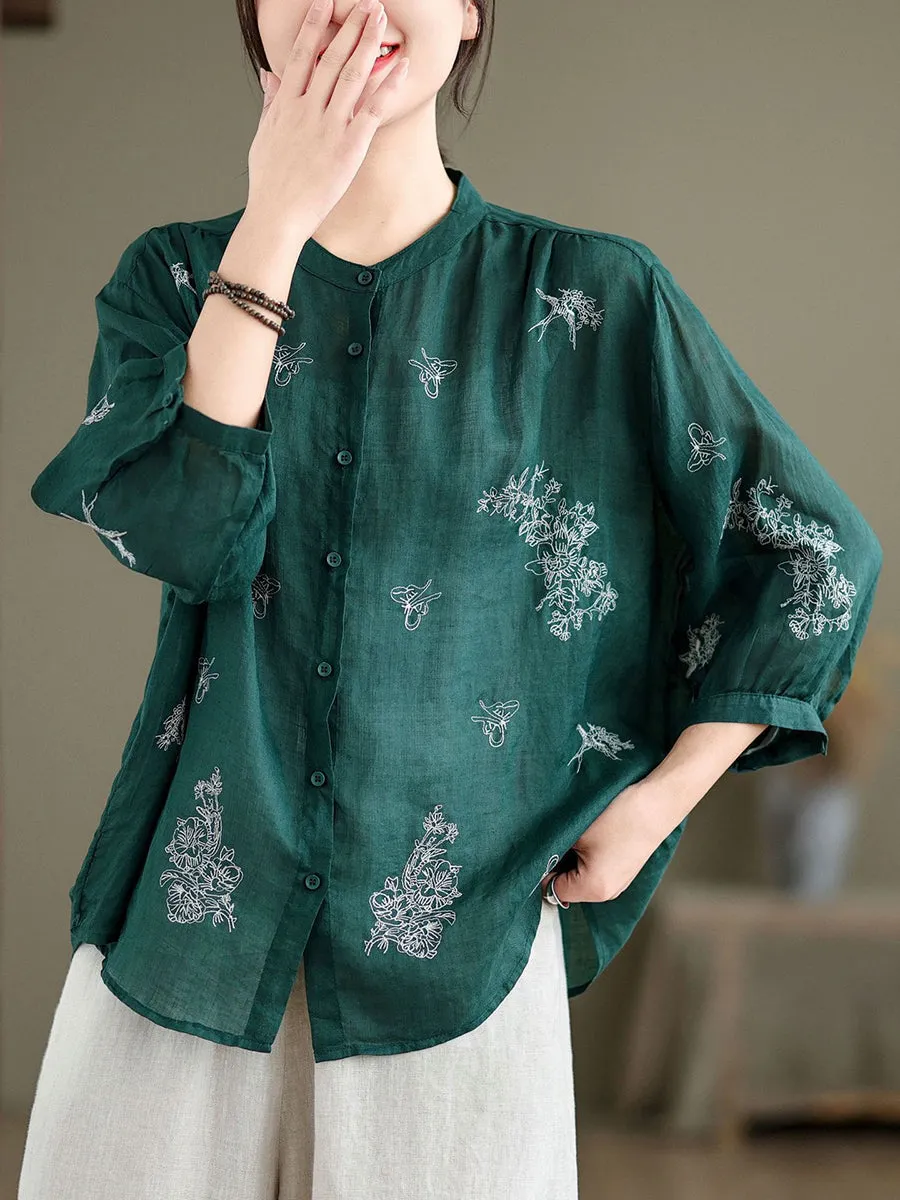 Women Artsy Flower Summer Ramie Blouse KL1018