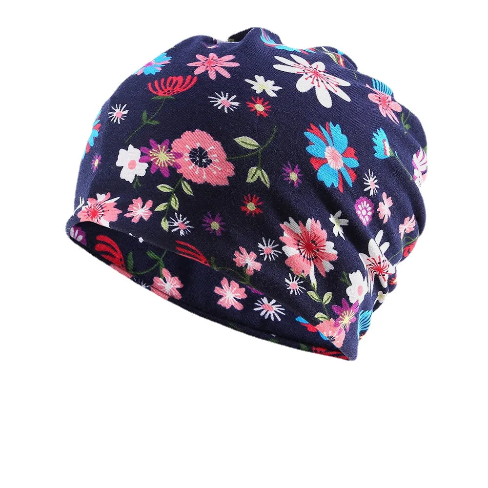 Women Cotton Colored Floral Printing Pattern Casual Outdoor Dual-Use Neck Protection Brimless Beanie