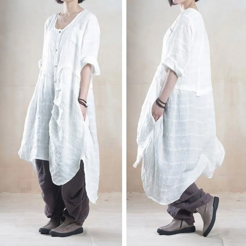 Women Plus Size Linen Summer Irregular Shirt Dress