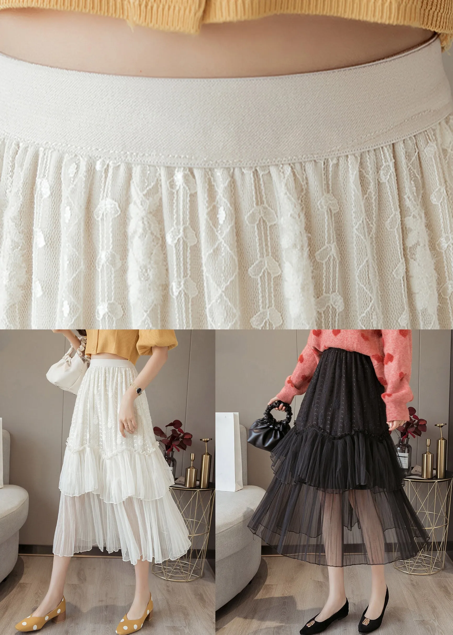 Women White Ruffled High Waist Chiffon Skirt Summer AS1001