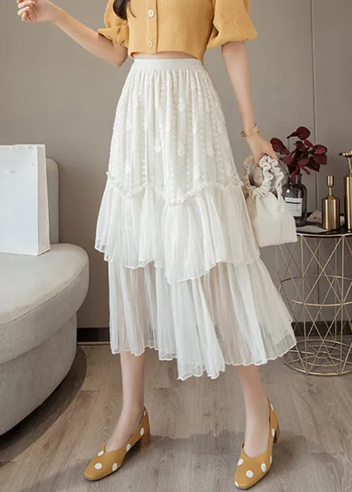 Women White Ruffled High Waist Chiffon Skirt Summer AS1001